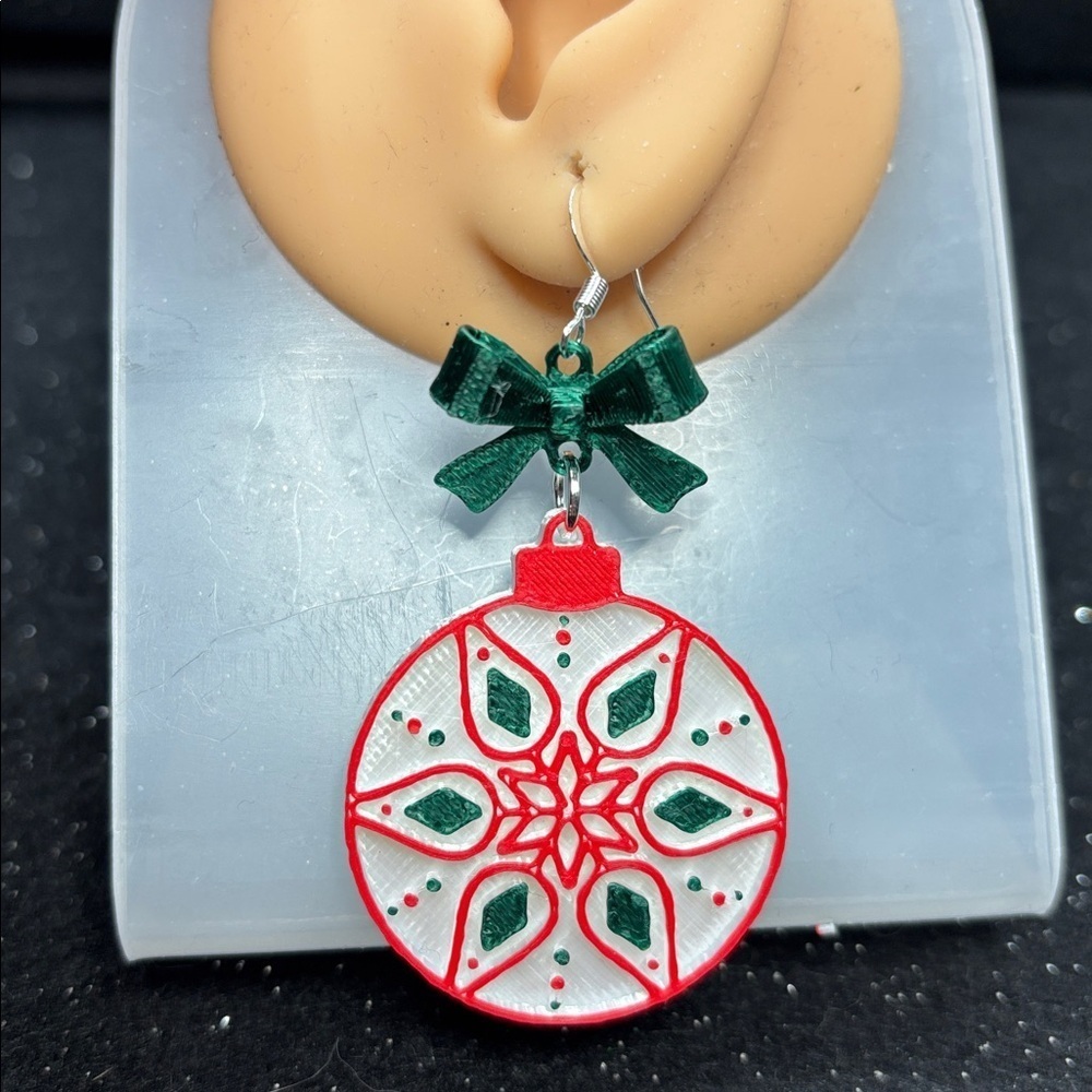 Christmas Ornament Earrings with Green Bow 🎁✨ - Picture 3 of 4